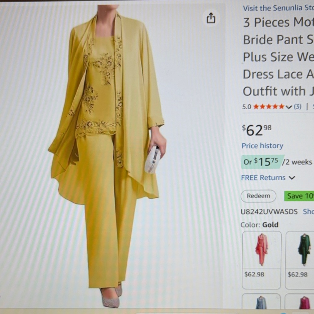 Gold Mother of the Bride 3-Piece Dressy Pantsuit with Lace Top - size 16